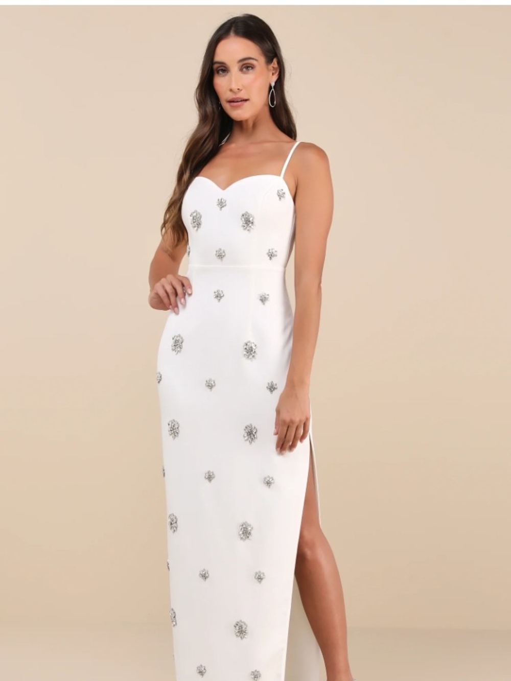 Embellished White Spaghetti Strap Evening Gown